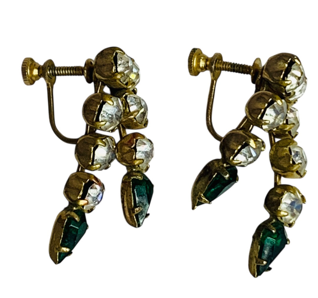 Vintage Clip On Screwback Earrings Goldtone Rhinestone Green 1.1 Inch Drop