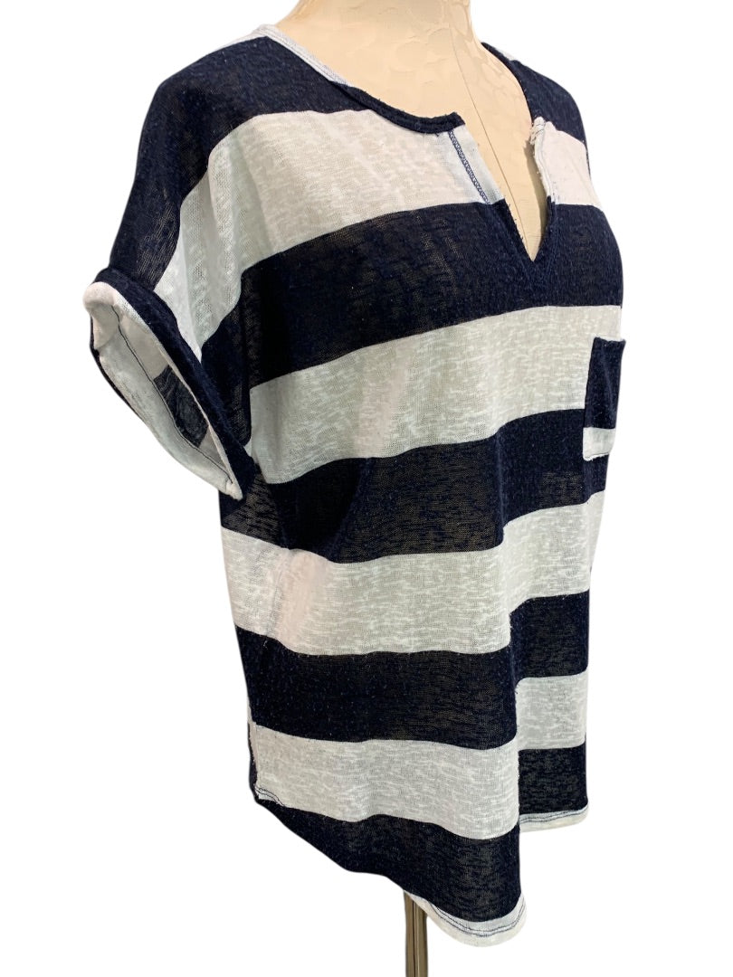 XL Petite Womens Navy Blue White Striped Lightweight Sheer Sweater V-Neck Pocket