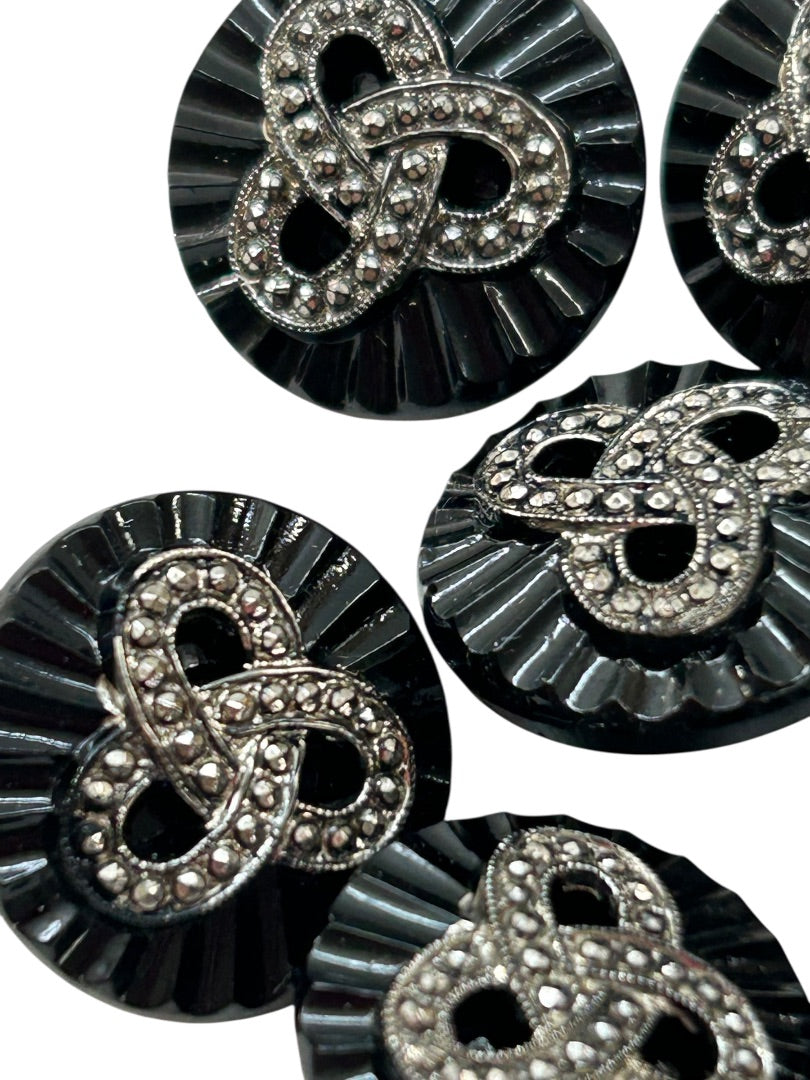 Vintage Lot of 11 Black Buttons Embellished Design 18mm Starburst