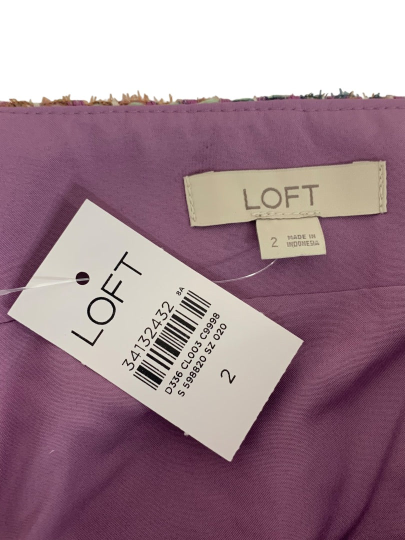Size 2 Loft New Tweed Skirt Metallic Threading Pockets Side Zip Purple Green Brown