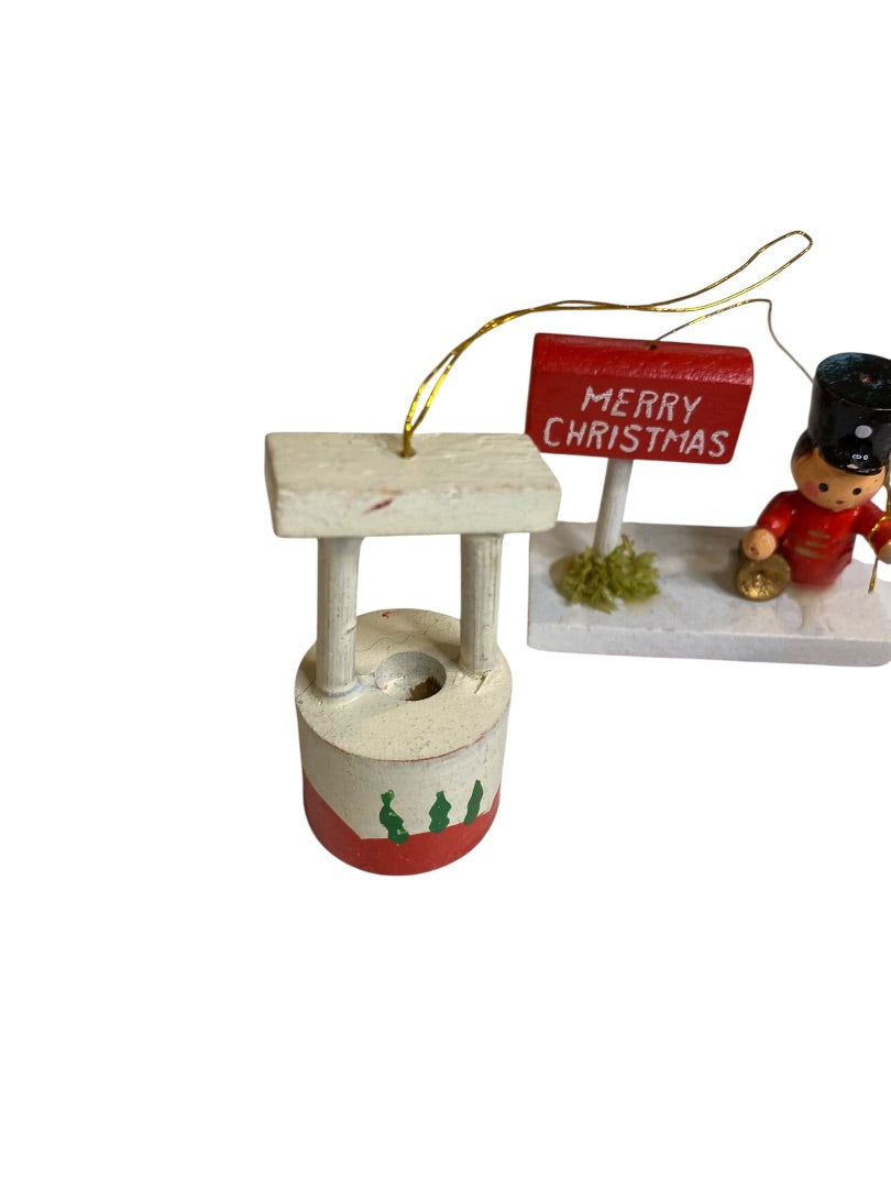 Vintage Lot of 5 Wooden Christmas Holiday Ornaments Barn Well Train
