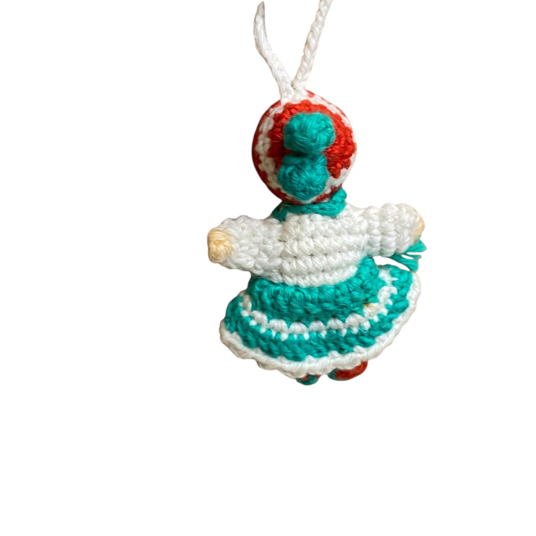 Vintage Amigurumi Japanese Miniature Crochet Girl Doll 2" Silk Face Hanging
