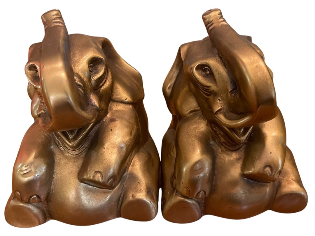 PM Craftsman Trunk Up Elephant Book Ends USA Heavy Goldtone