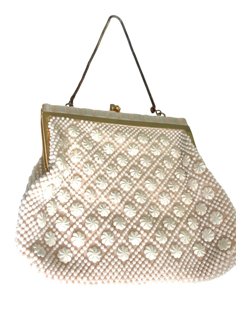 Small White Beaded Evening Bag Gold Chain And Kisslock Purse Handbag Vintage