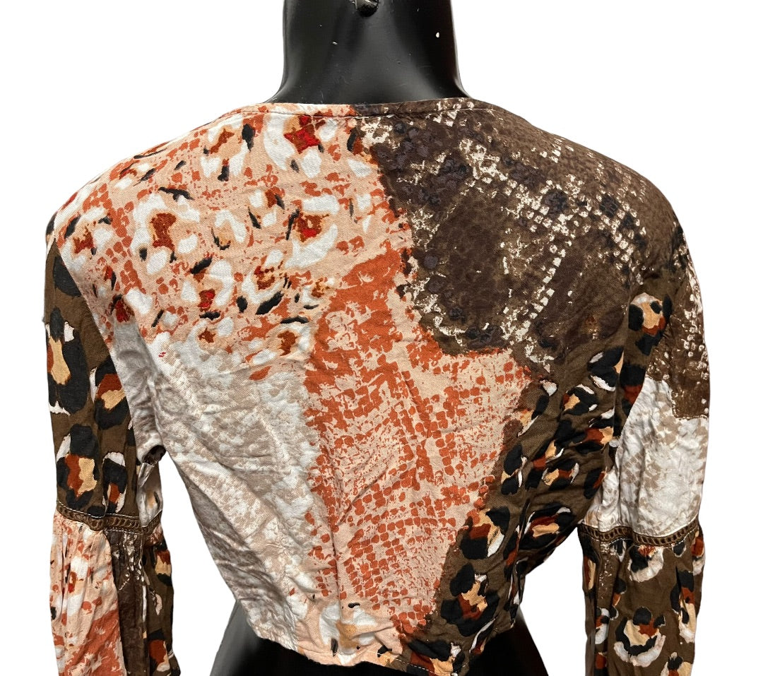 XS Raga Congo Women's Brown Multi Print Tie Front Crop Top Long Sleeve Blouse