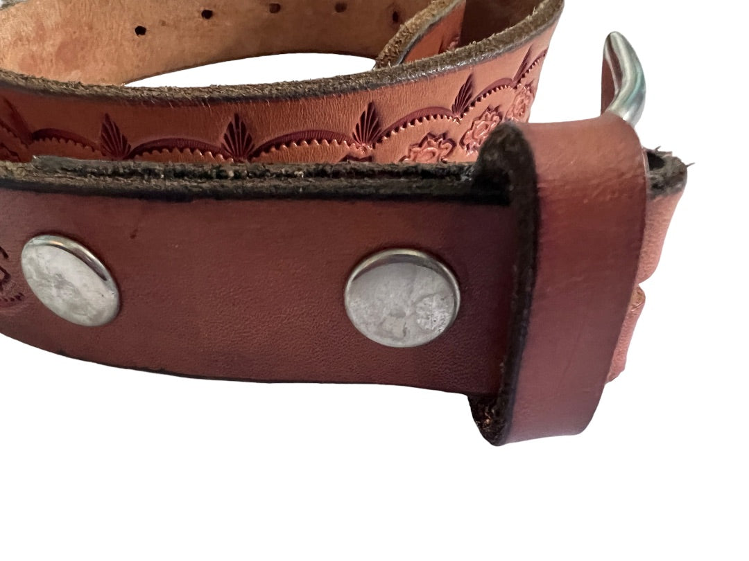 30 Hand Tooled Leather Western Belt Brown Cowboy Anchor Stamped Silver To e Metal Buckle