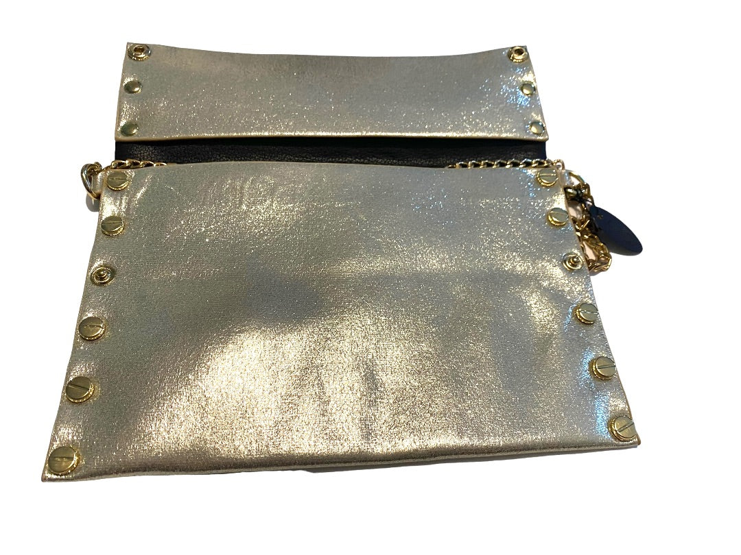 Gold Metallic Slim Crossbody Studded Chain Strap Purse New Designs By Liza Kim
