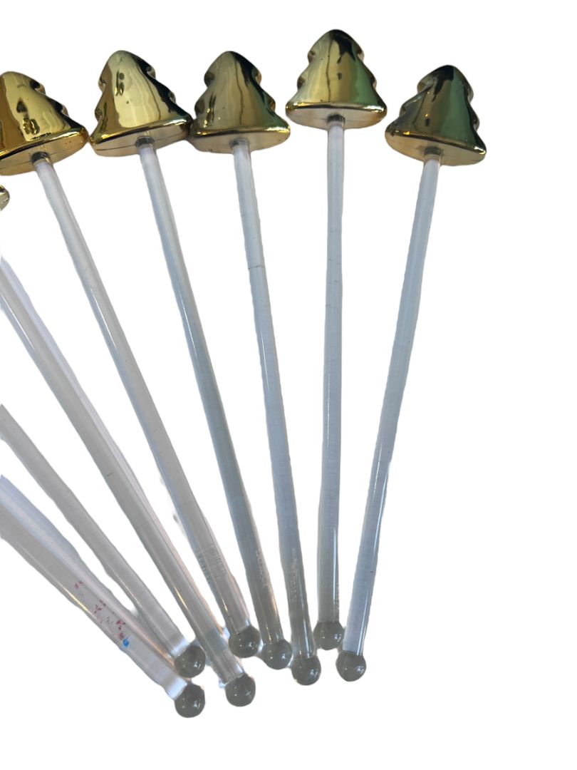 8 Plastic Gold Christmas Tree Acrylic Swizzle Sticks
