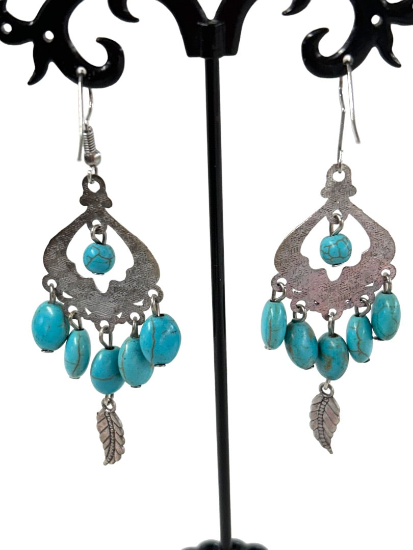 Turquoise Color Earrings Pierced Hook Silvertone 3" Drop Dangle