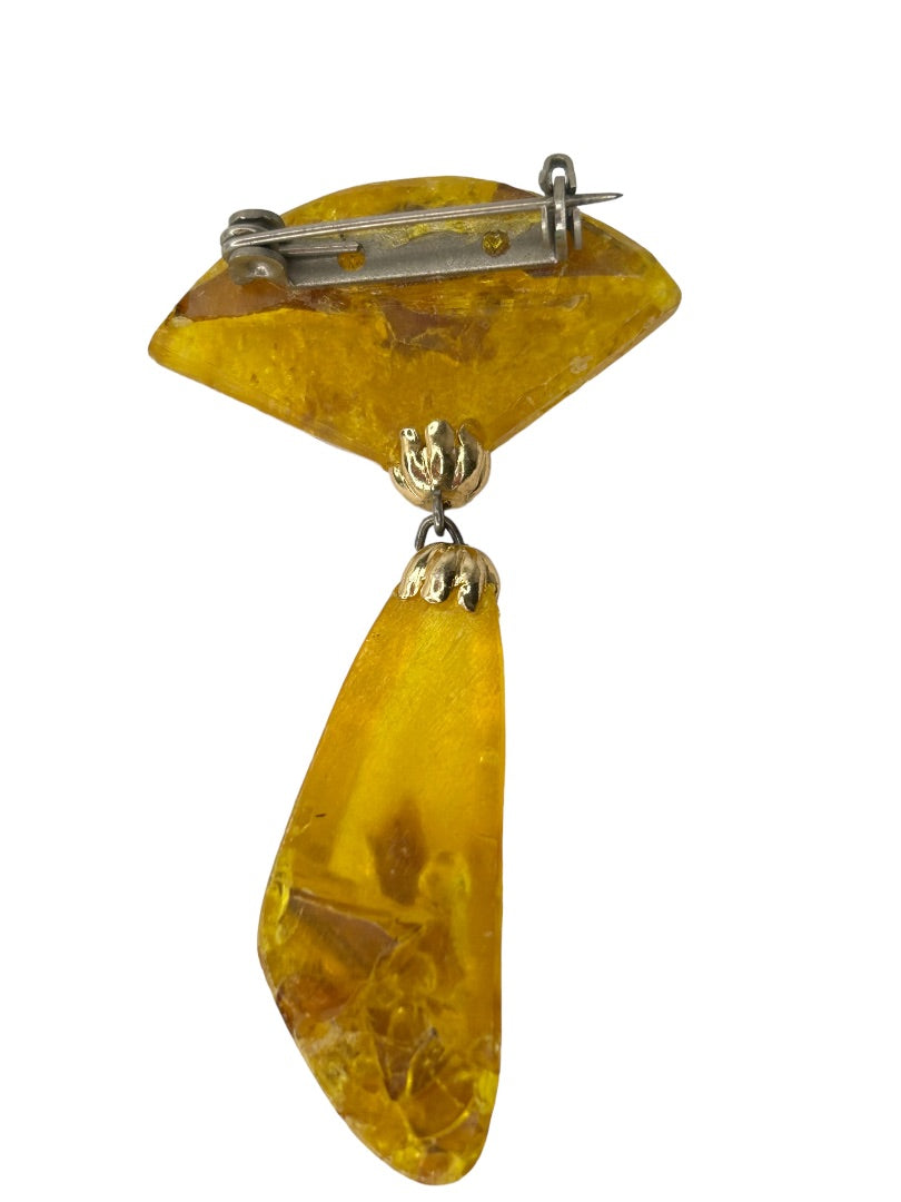 Vintage Yellow Faux Amber Resin Art Deco Style Brooch Pink 2.5" Drop