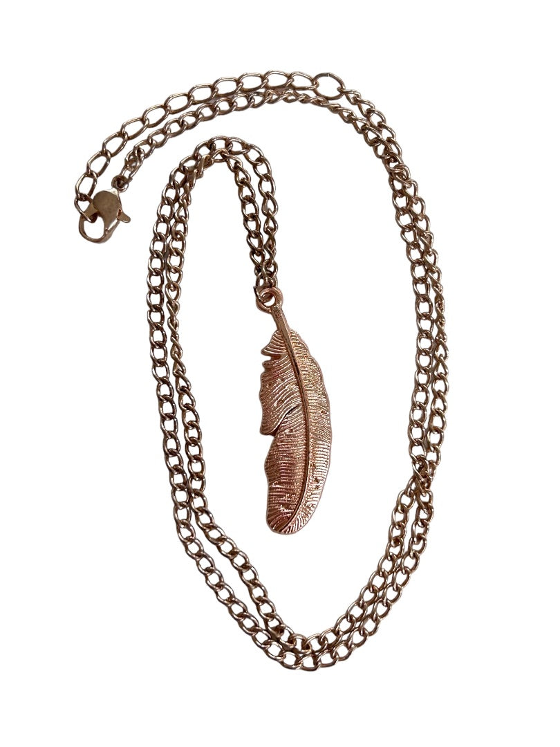 Copper Color Feather Pendant Necklace 20" Chain Lobster Clasp