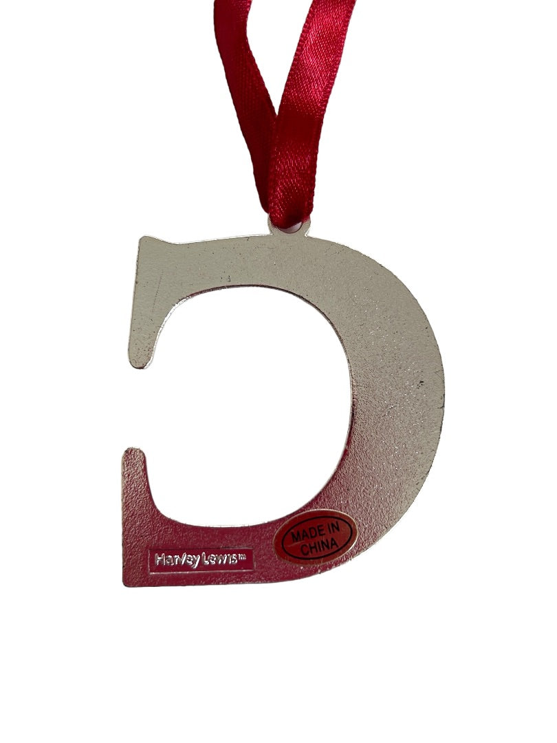 Harvey Lewis Silvertone "C" Initial Ornament 2" on Red Ribbon