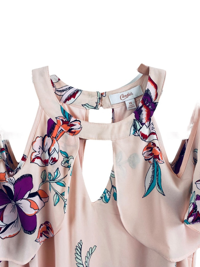 XS Candie's Pink Lined Cold Shoulder Halter Shift Dress Floral