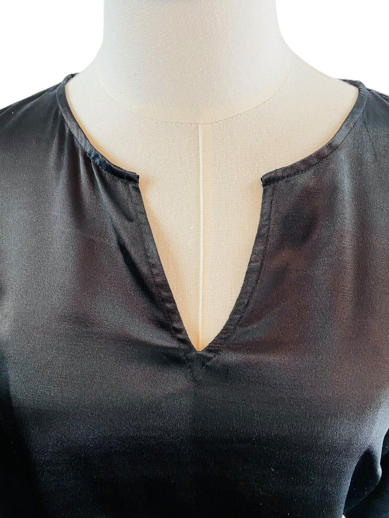 XS The Limited Womens Black Satin 3/4 Sleeve Pullover Split Neck Blouse