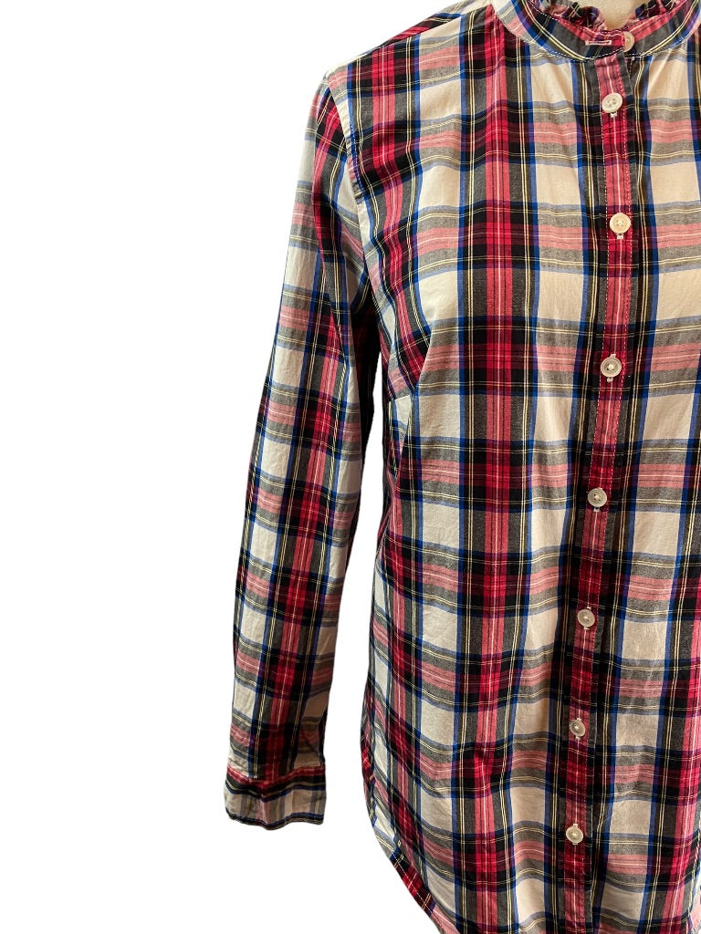 XS J.Crew Womens Plaid Button Up Ruffle Collar Blouse Stretch Cotton