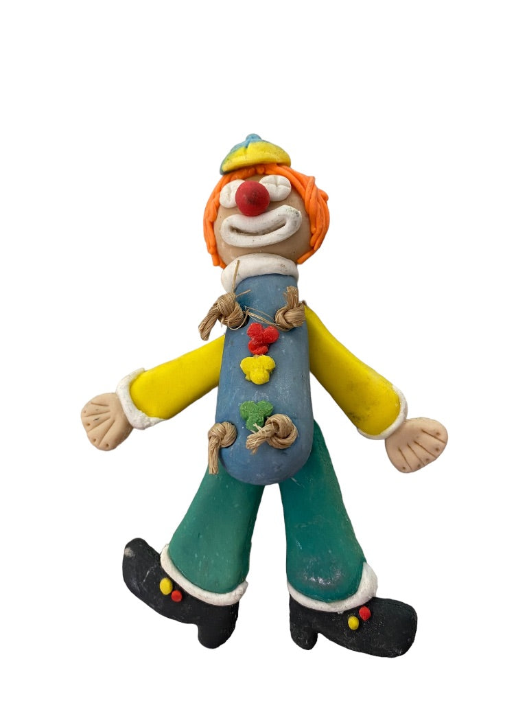 Handmade Clay Clown Articulated Magnet 5" Blue Green Yellow with Cap