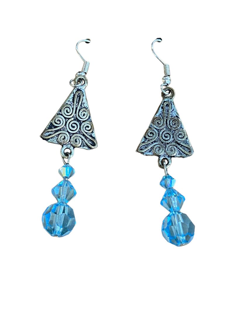 Whimsical Pewter like Blue Beaded Tree Dangle Pierced Earrings