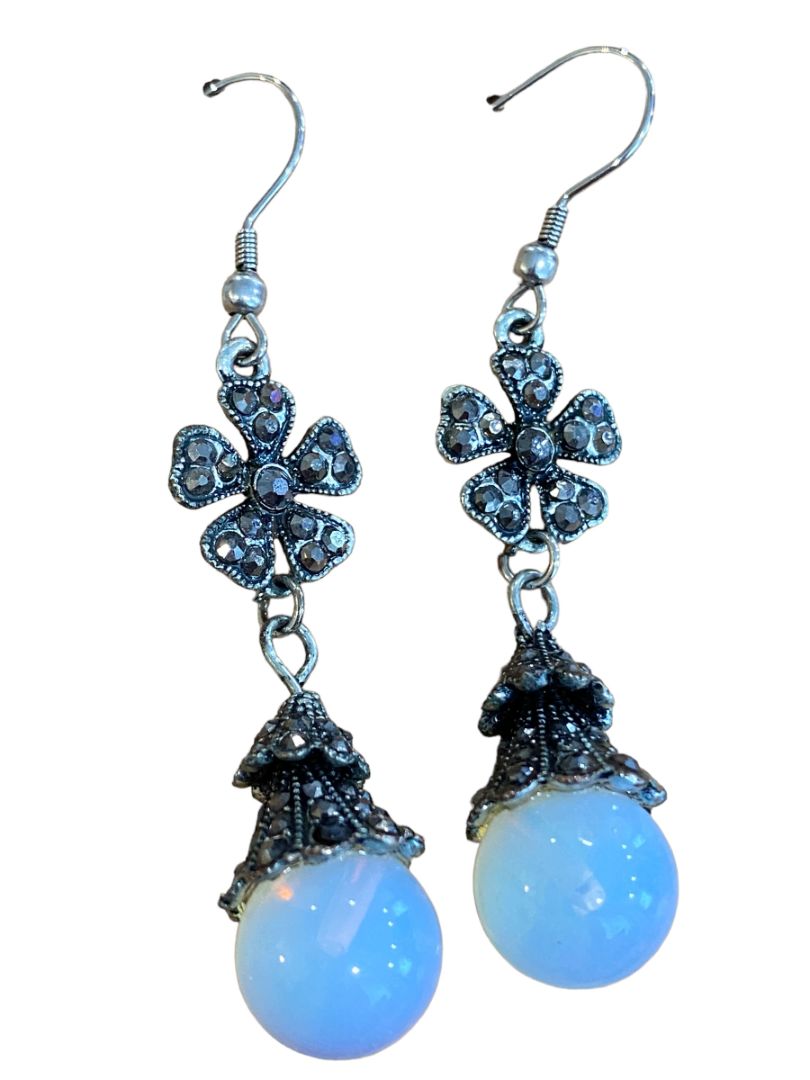 Marcacite Silver tone Dangle Globe Pierced Earrings Magic Fantasy