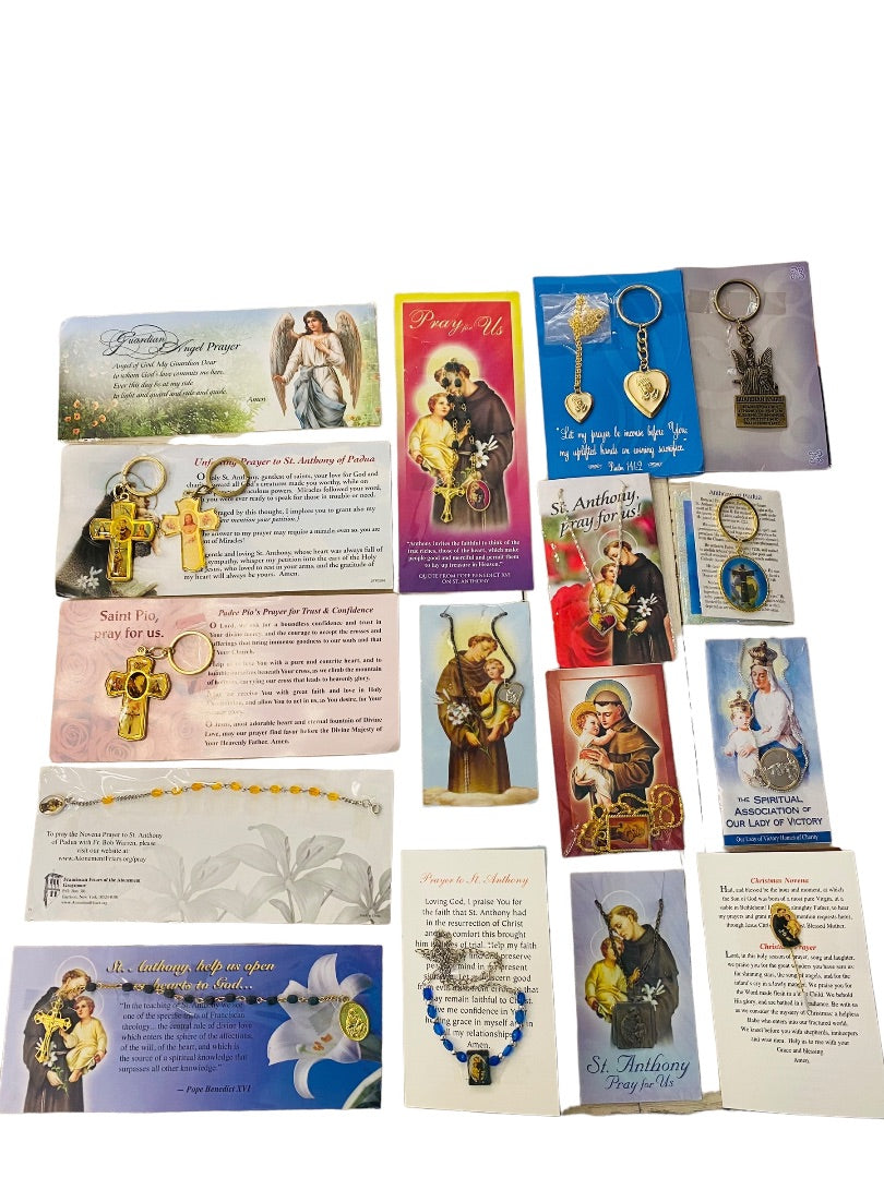Lot of 16 Assorted Catholic Christian Prayers Cards Jewelry Saints Key Chain Cross Vintage