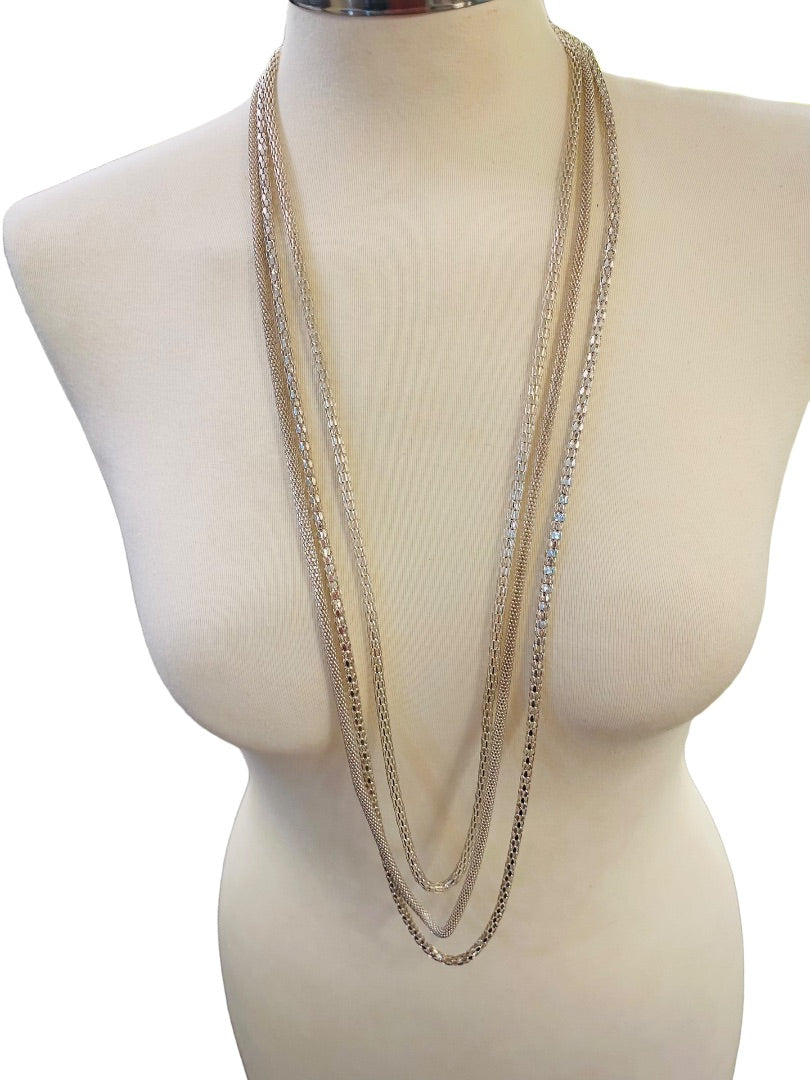 Triple Strand Draped 36" Necklace Silvertone Lightweight Sparkly