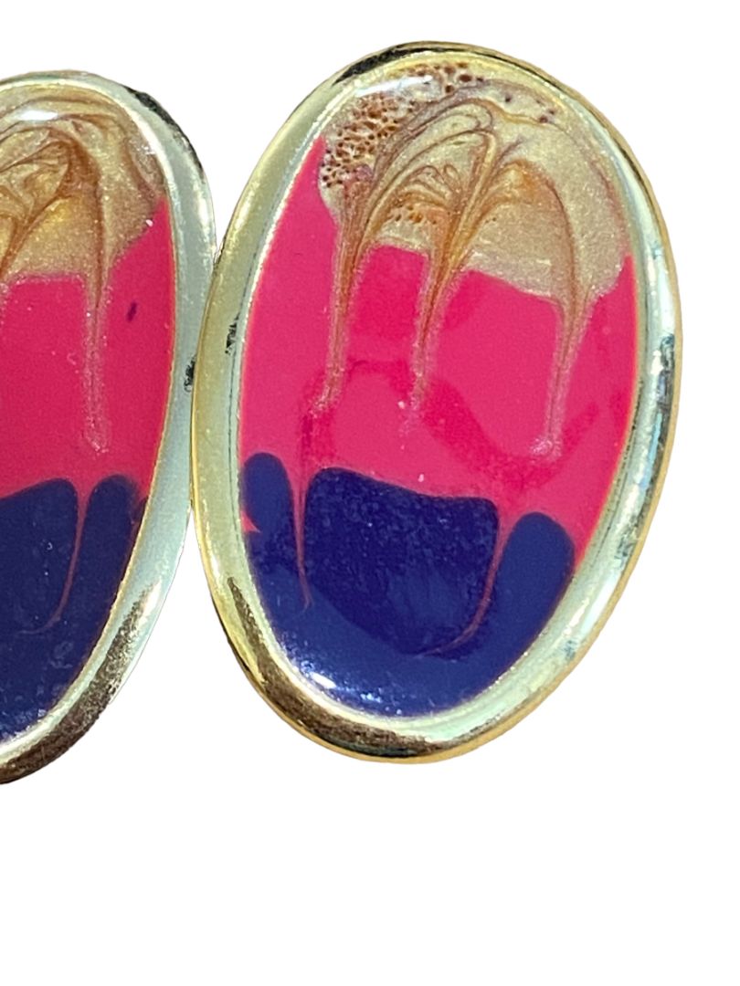 80's Gold Tone Retro Oval Enamel Pink Purple Pierced Post Earrings
