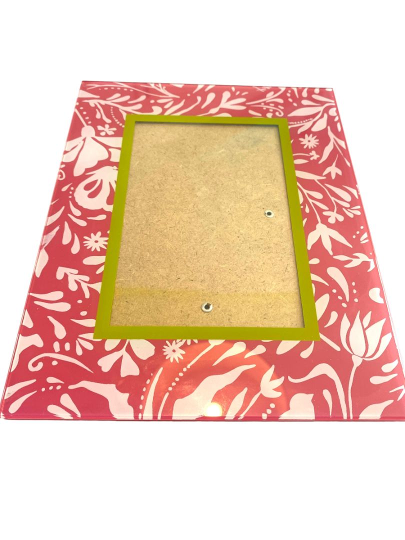 Pink White Green Floral Filagree Glass Table Top Frame for 4X6 Photo