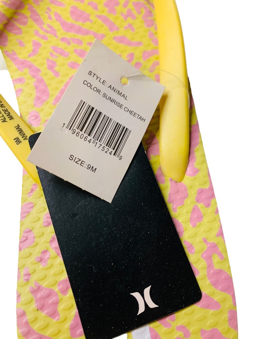 9M Hurley Womens New Animal Flip Flops Yellow Pink Cheetah Sunrise