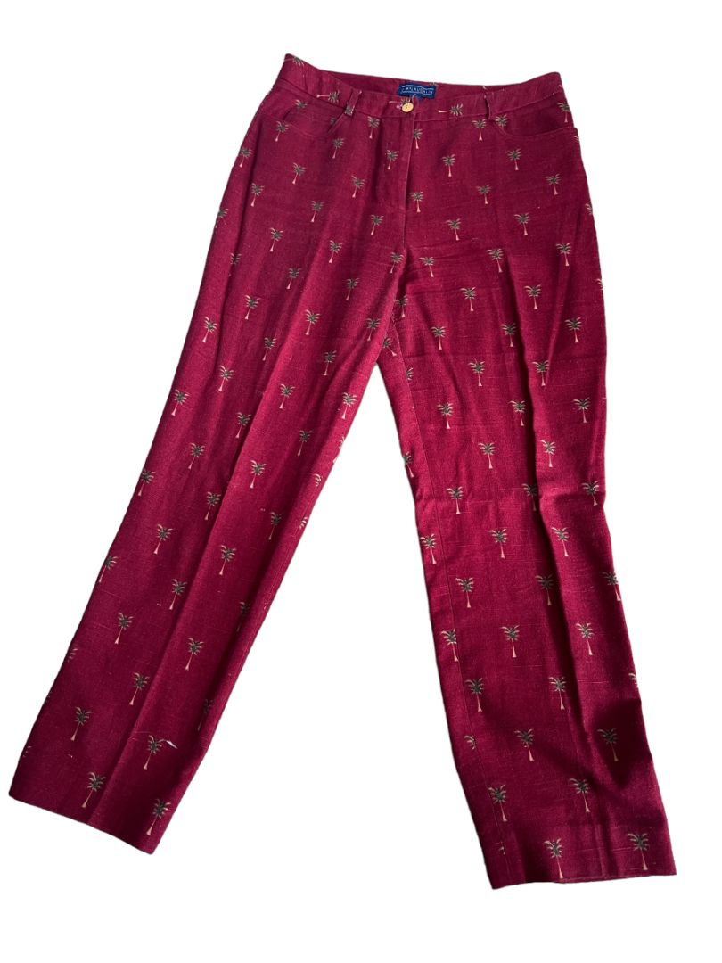 12 J McLaughlin Cotton Maroon Palmetto Tree Linen Style Dress Pants