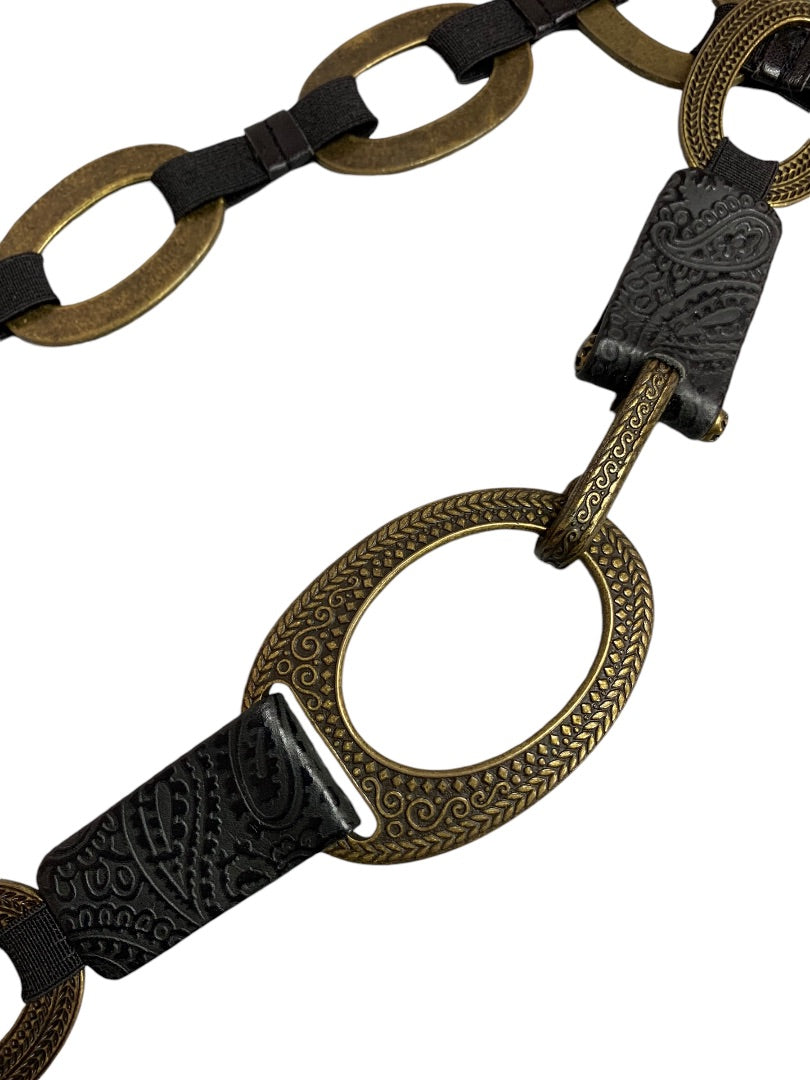 One Size Womens Brass and Tooled Leather Womens Link Stretch Belt