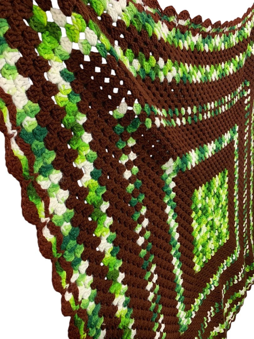 Vintage Brown Green Afghan Throw Blanket 48 Inches Square