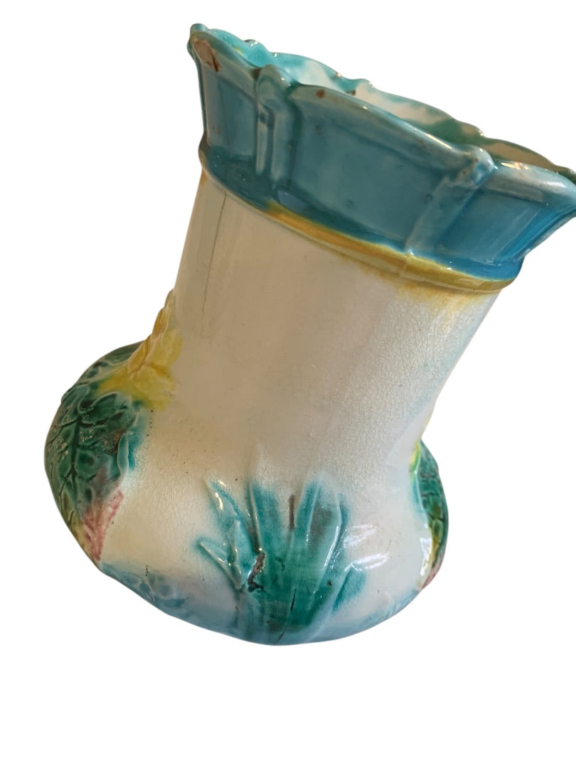 Antique Majolica Lily Pond Pitcher Pottery 5 Inch Vibrant Color