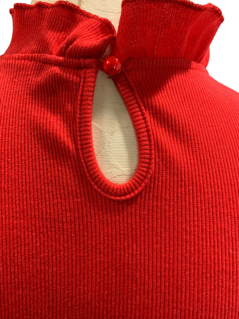 XS Womens Red Ribbed Ruffle Shoulder Shirt Long Sleeve Knit