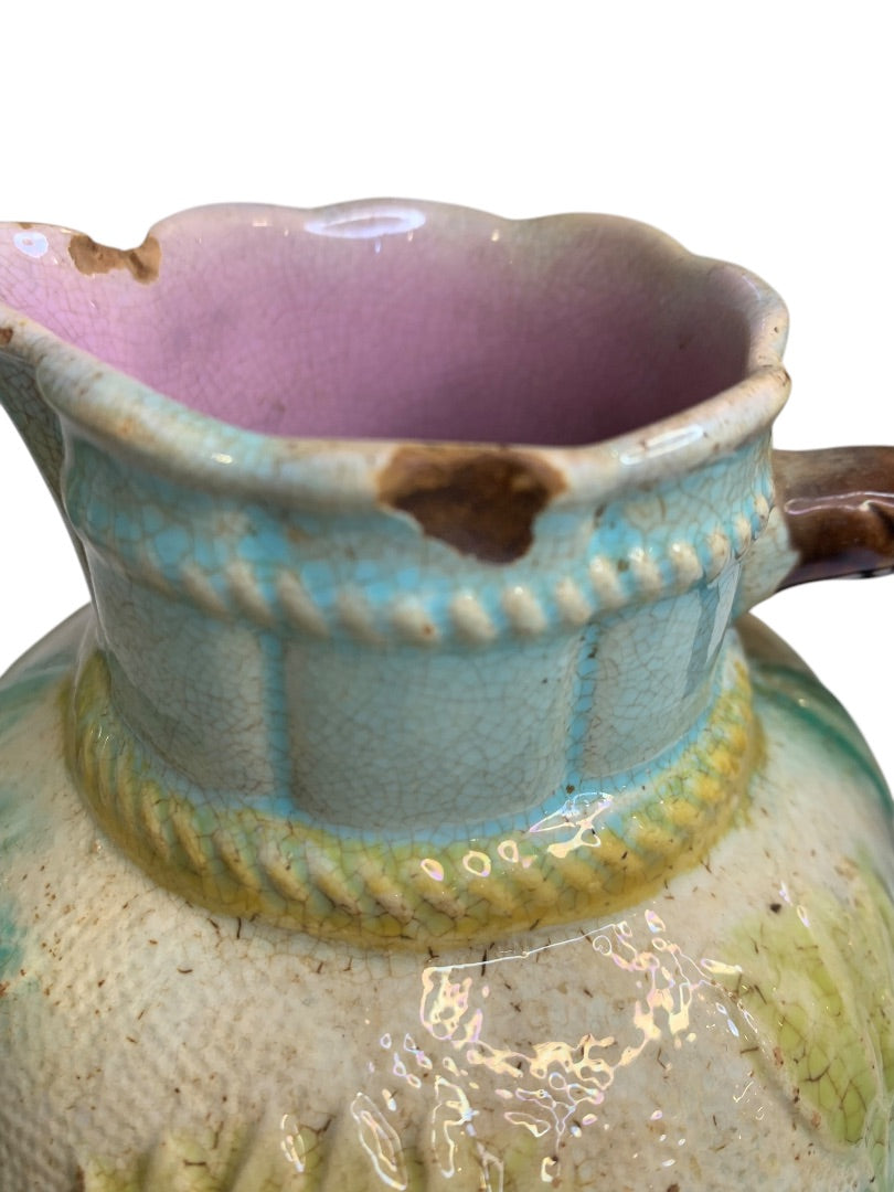Antique Majolica Water Lily Pond Rope Pitcher Pottery 5 Inch