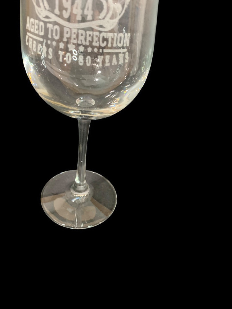 Etched Wine Glass "Vintage 1944 Aged to Perfection" Novelty 9 Inch
