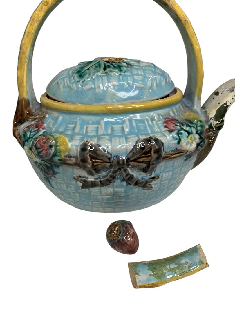 Antique Majolica Strawberry and Basket Teapot for Repair Broken