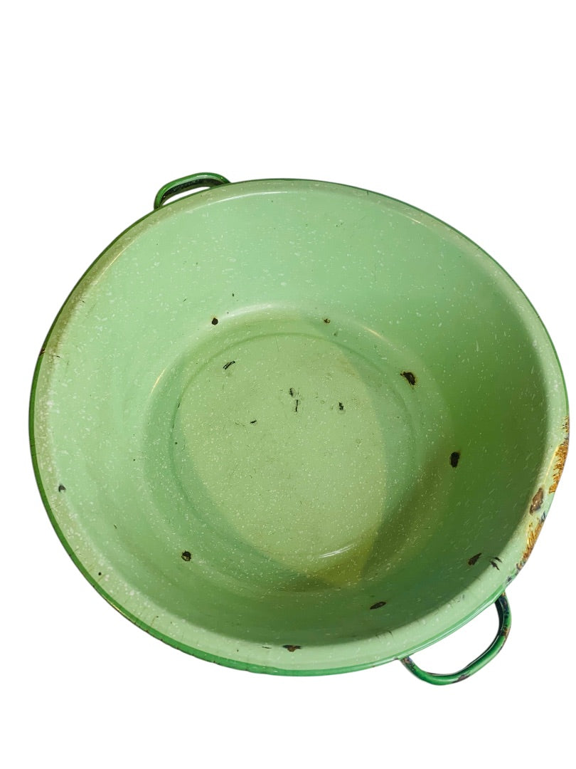 Large Green Graniteware Tub Handled Round 16 Inch Diameter