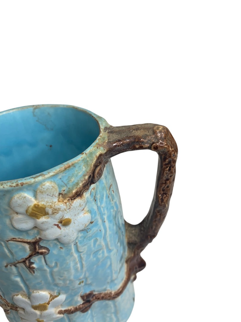 Joseph Holdcroft Antique Majolica 5.5 Inch Pitcher Dogwood Blue