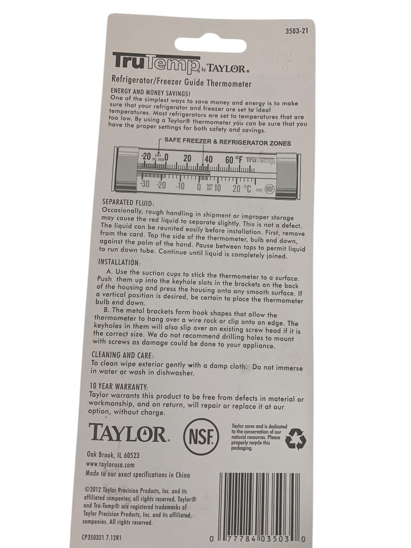 Taylor Refrigerator Freezer Thermometer Analog 3503-21 Stick Clip Hang