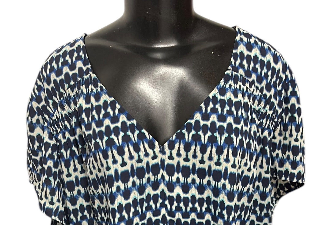 Size 24W Sejour Capsleeve V-Neck Womens Geometric Patterned Shirt Blouse Blue