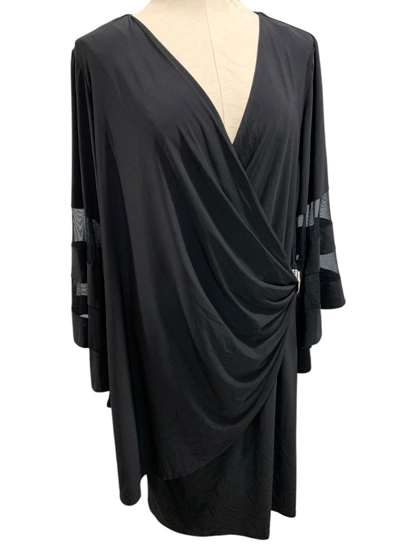 Size 16W R&M Richards Woman Black Wrap Around Dress Bell Sleeve Knee Length