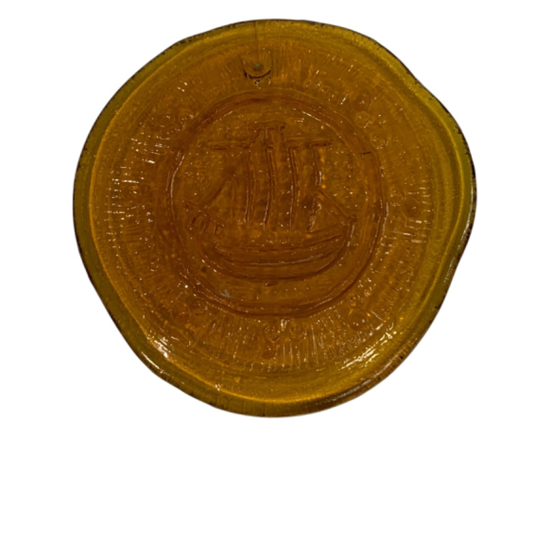 1960s Nuline Wheaton Amber Glass Suncatcher Small Ship 2.5 Inch
