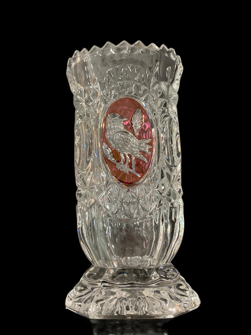 Lead Crystal Pressed Glass Ruby Red Bird Vase 5.75 Inches