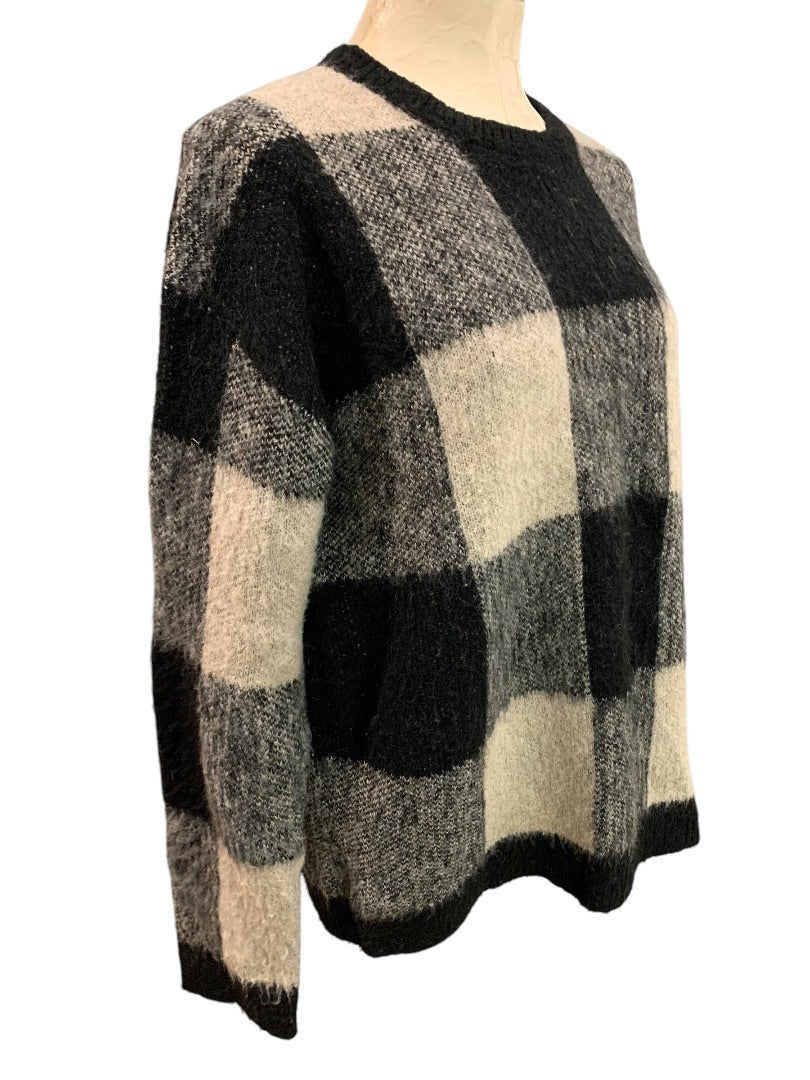 Large Lucky Brand Womens Wool Blend Sweater Buffalo Plaid Gray Black