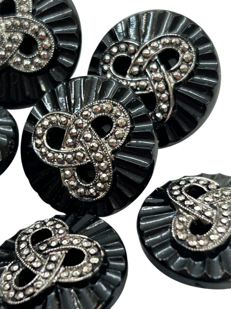 Vintage Lot of 11 Black Buttons Embellished Design 18mm Starburst