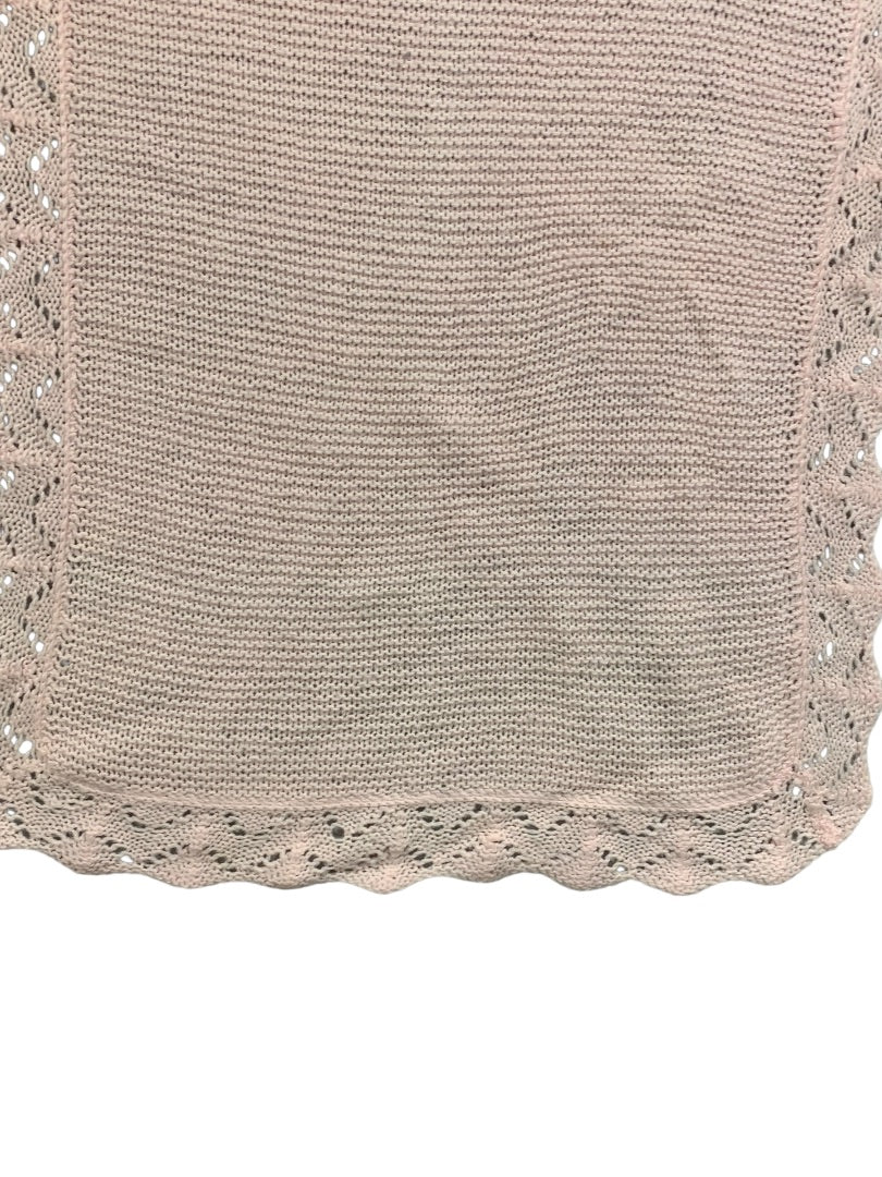 Vintage Pink Hand Knit Baby Blanket 30" x 22" Delicate Trim