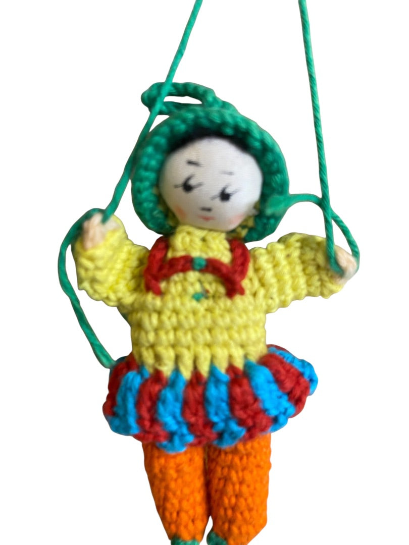 Vintage Amigurumi Japanese Miniature Crochet Doll 3" Silk Face Hanging