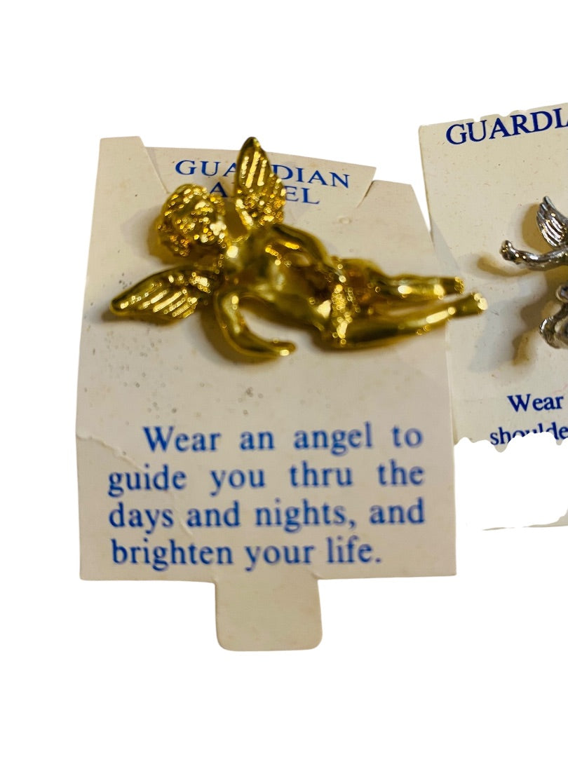 Set of 2 Vintage Guardian Angel Shoulder Pins Goldtone Silvertone on Cards