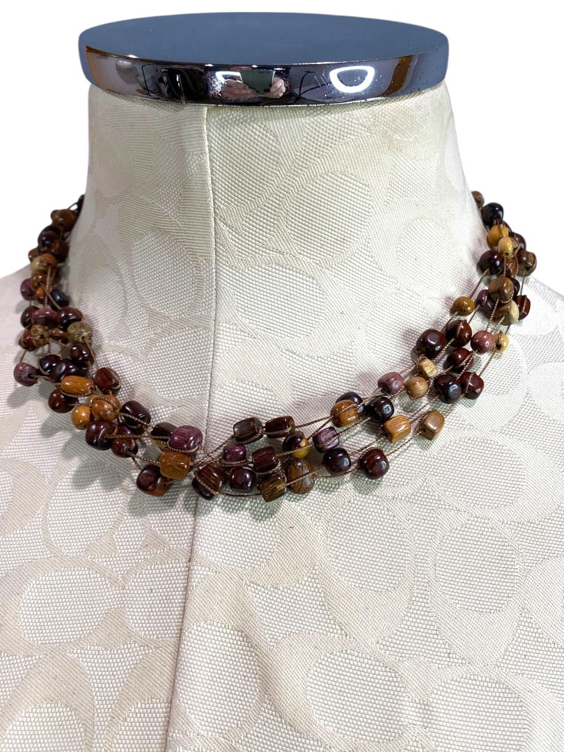 Wooden Bead Multistrand Boho Necklace 17" Lightweight