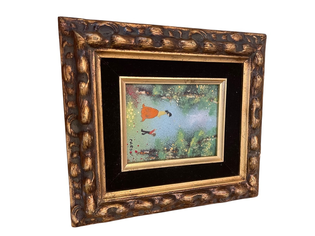 Vintage Louis Cardin Original Enamel on Copper Painting Mother Child 8.5" x 9.5"