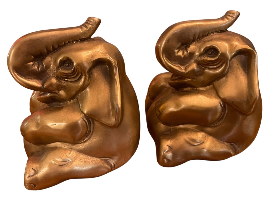 PM Craftsman Trunk Up Elephant Book Ends USA Heavy Goldtone